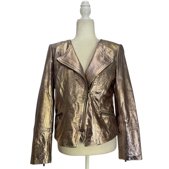 WHBM Metallic Leather Moto Jacket Asymmetric Zip NWT Gold - Picture 9 of 15